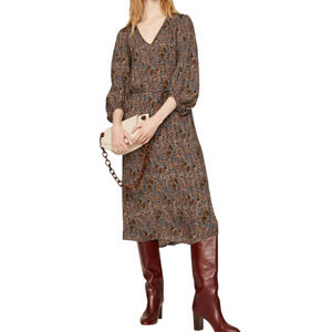 Vanessa Bruno Vahina Dress Balloon Sleeve Midi Boho Brown Blue V Neck 34 2